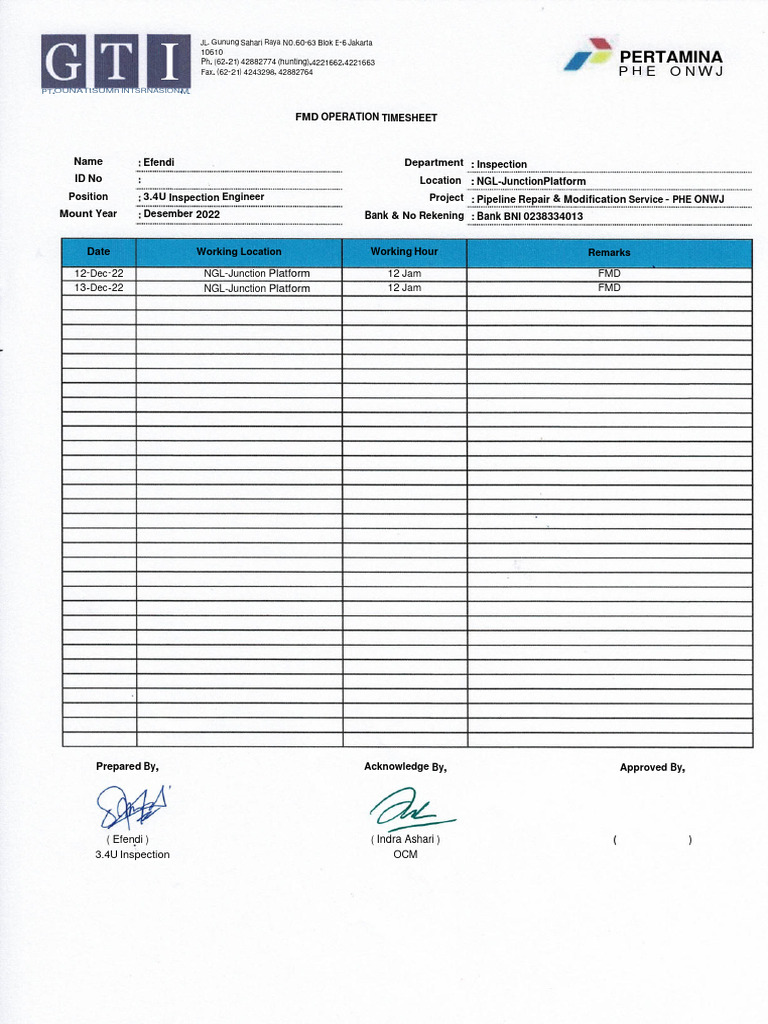 FMD Timesheet for Inspection Engineer | PDF