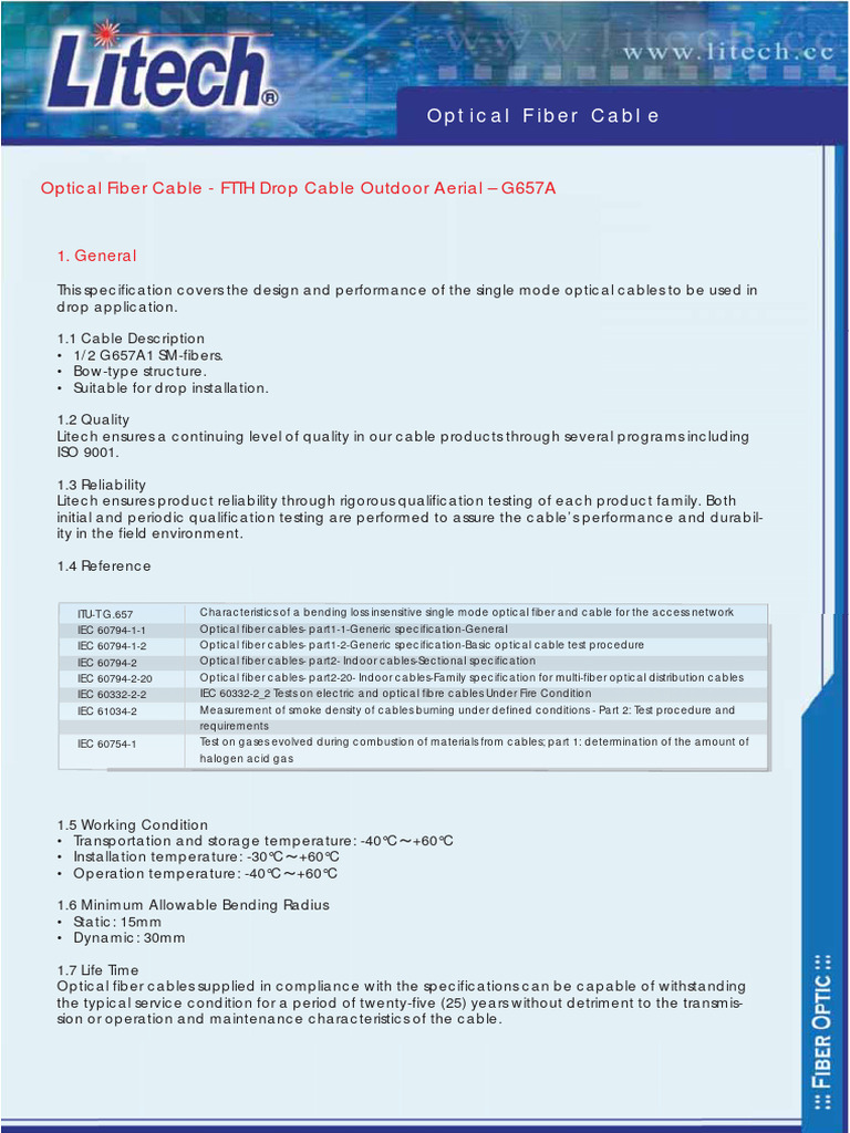 FTTH Aerial Drop Cable Specifications | PDF | Optical Fiber | Applied ...