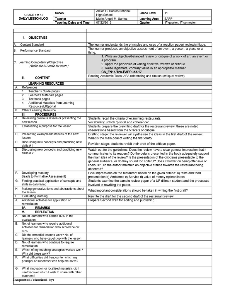 Grade 11 EAPP Lesson Plan: Critique Writing | PDF | Learning | Cognition
