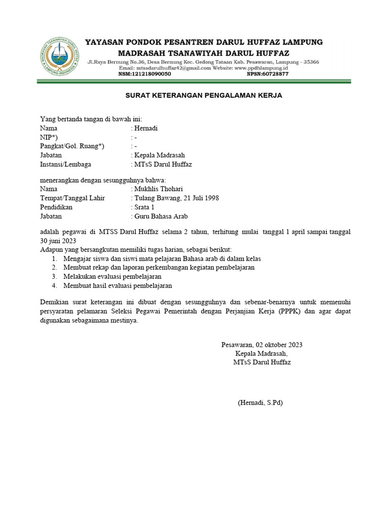 Lampiran III Format Surat Keterangan Kerja PPPK Teknis BKN 2023 | PDF