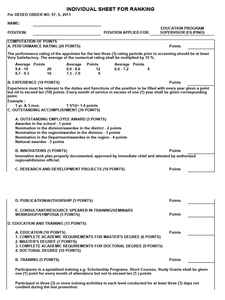 Individual Ranking Sheet for Positions | PDF | Psychological Resilience ...