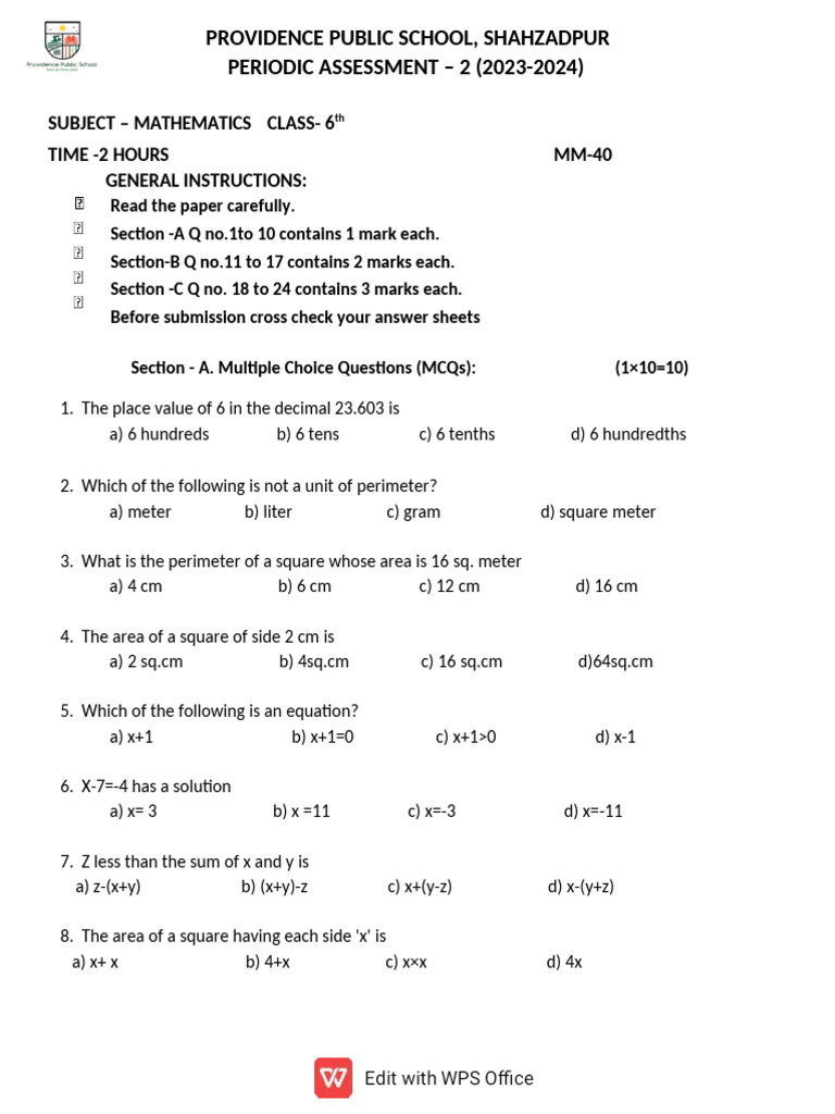 Grade 6 Math Assessment Paper | PDF | Length | Area