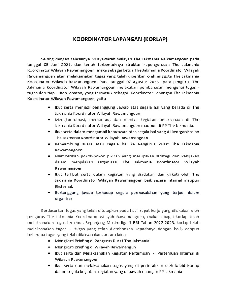Tugas dan Tanggung Jawab Koordinator Lapangan | PDF
