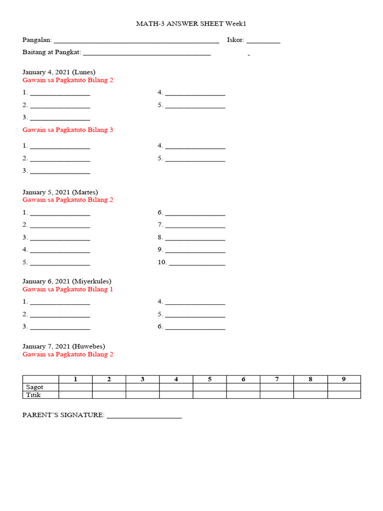 Math Answer Sheet PDF
