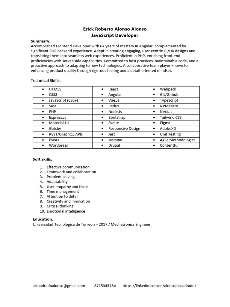 Erick alonso resume no design p pdf java script php