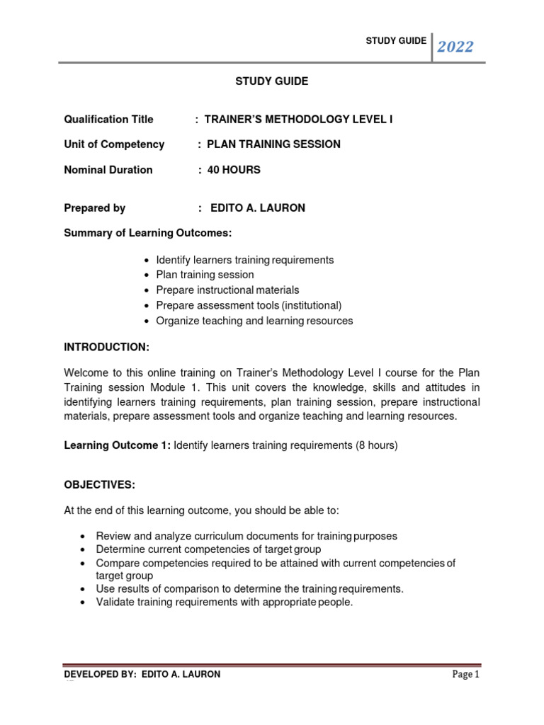 STUDY GUIDE-TMI Module 1 Plan Training Session | PDF | Learning ...