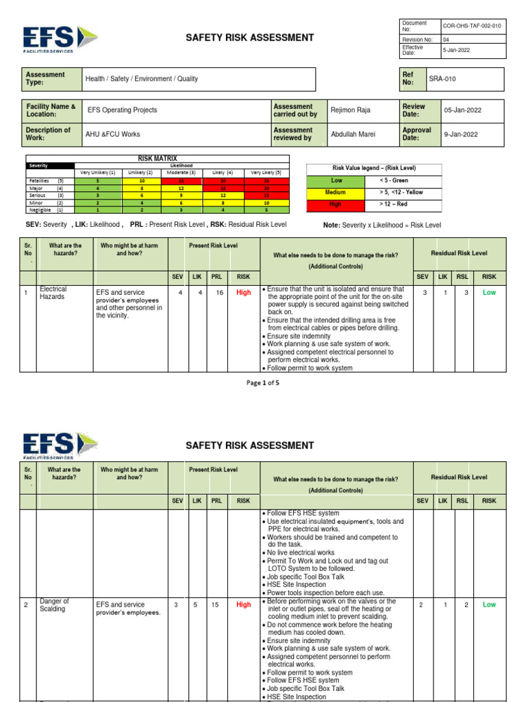 Risk Assessment AHU PDF Occupational Safety And Health Risk