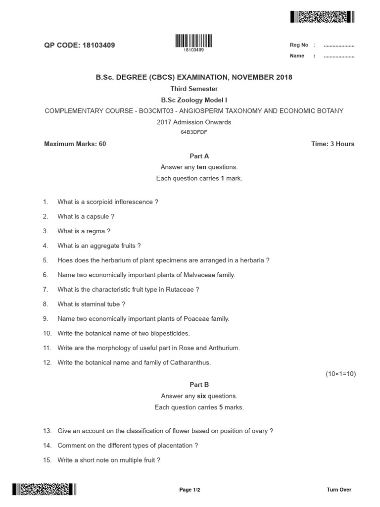 Iii Sem Bo3cmt03 Angiosperm Taxonomy and Economic Botany PDF Botany