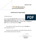 Certificate of Employment: Mobicon Networks Limited Corp