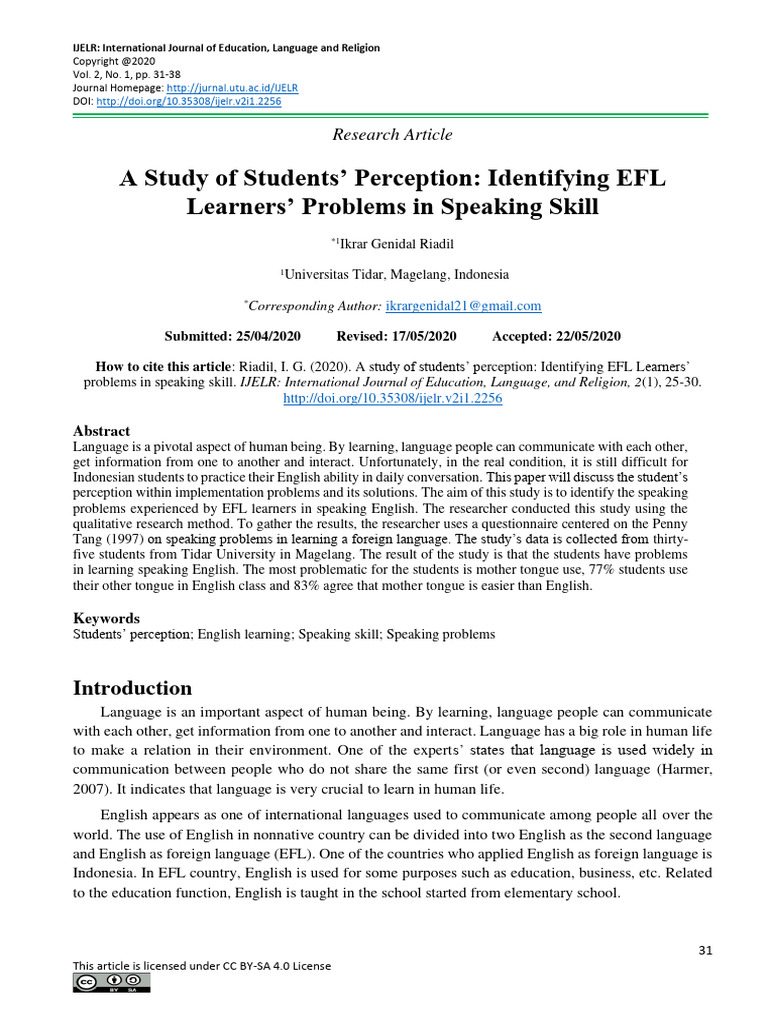 A Study of Students' Perception Identifying EFL Learners' Problem in ...
