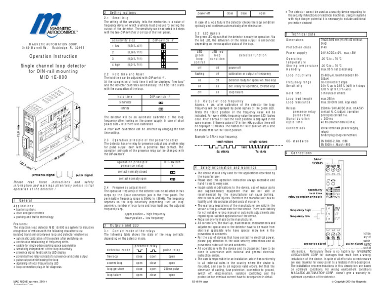 MID1E Loop Detector Operation Manual | PDF | Relay | Detector (Radio)