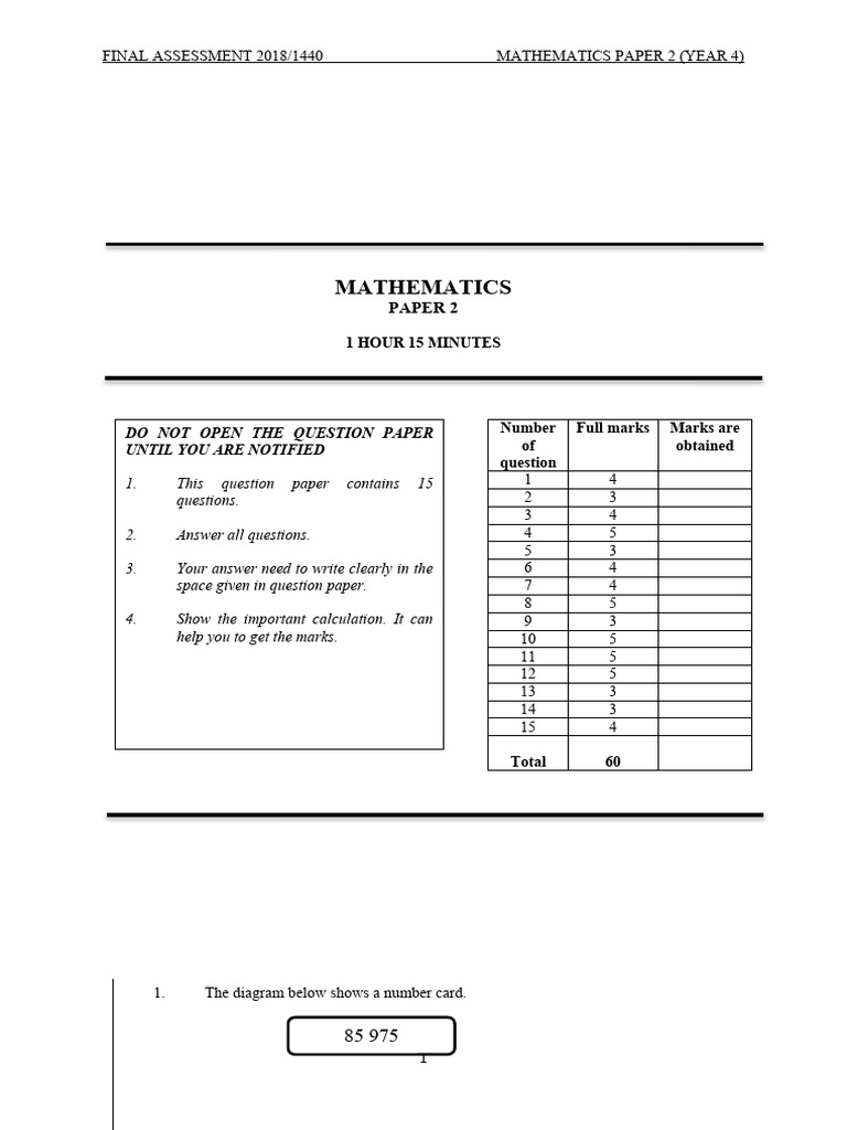 Year 4 Mathematics Final Assessment | PDF | Mathematics