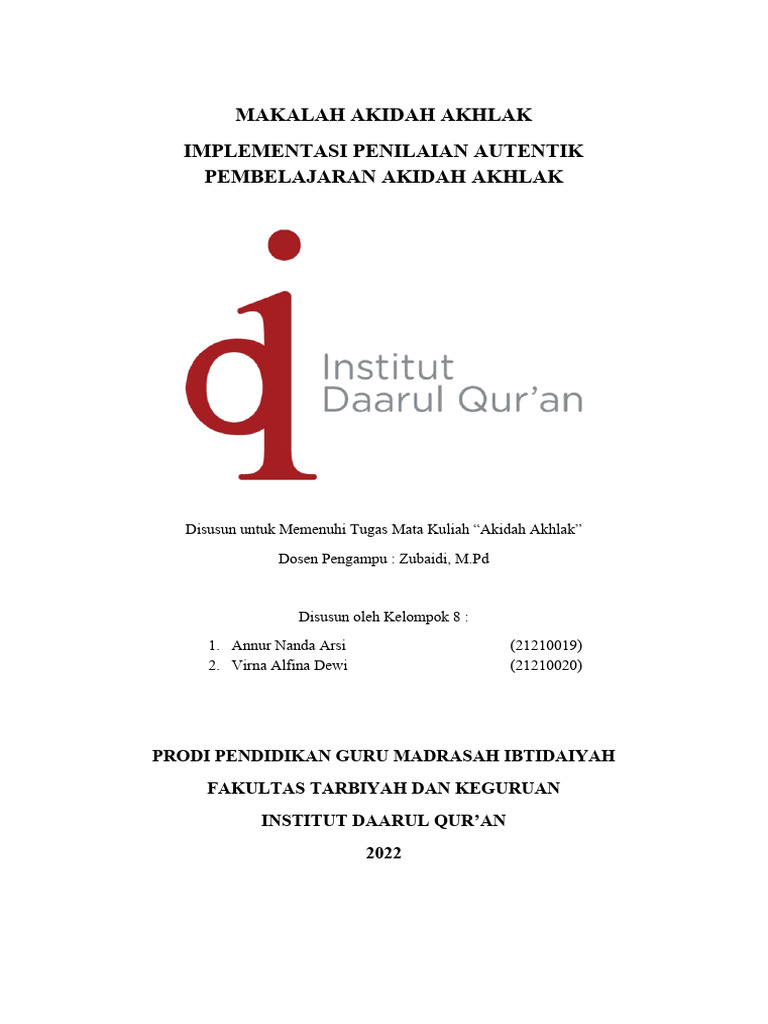 Implementasi Penilaian Autentik Akidah Akhlak | PDF