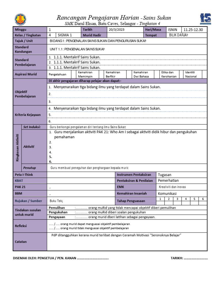 DRPH TG 4 Sains Sukan SMK Darul Ehsan, BT Caves, Selangor Hasnita | PDF