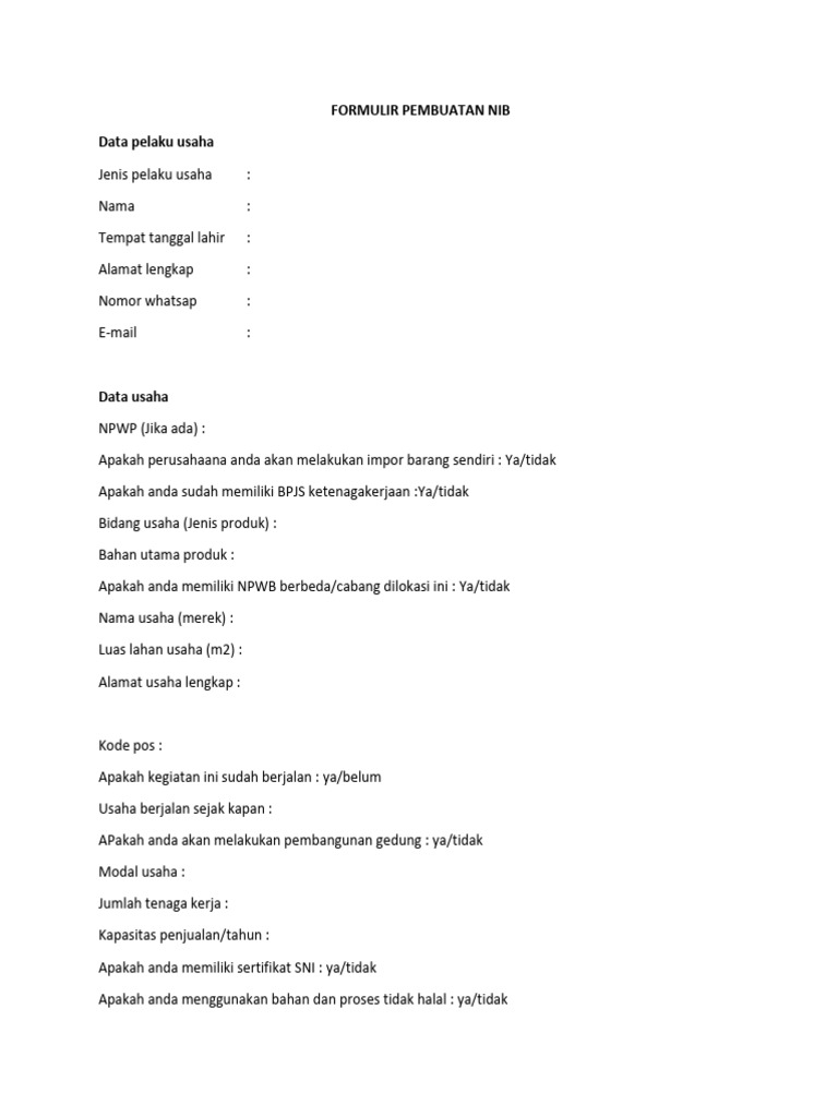 Formulir Pembuatan NIB | PDF