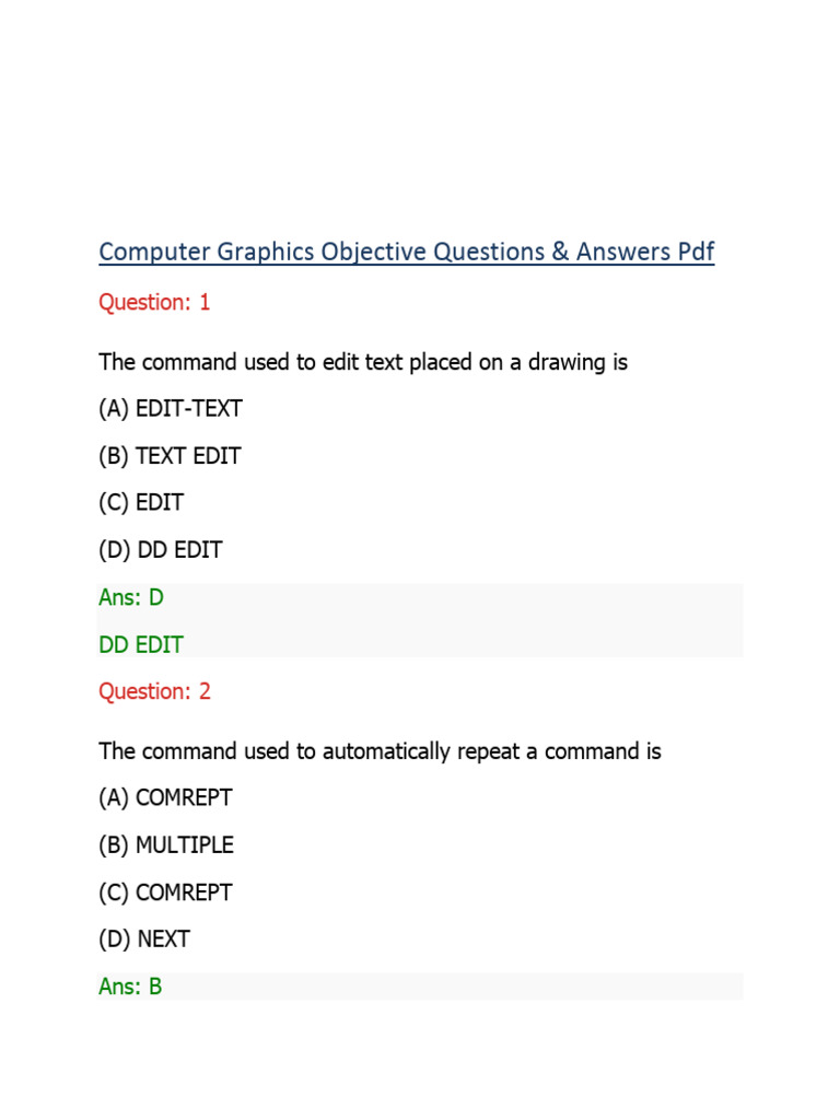 Computer graphics objective questions and answers pdf