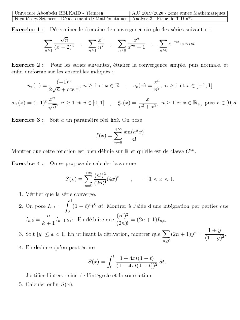 Analyse 3 - T.D n°2 Mathématiques | PDF | Mathématiques | Analyse ...