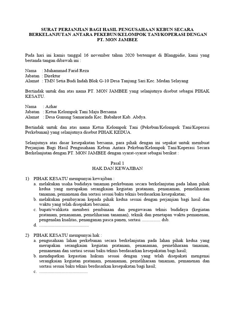Perjanjian Bagi Hasil Kebun PT Mon Jambee | PDF