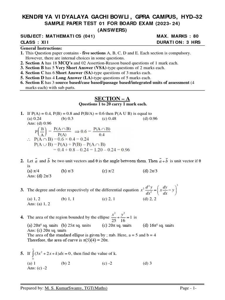 Class 12 Maths Sample Paper 2023-24 | PDF | Logarithm | Matrix ...