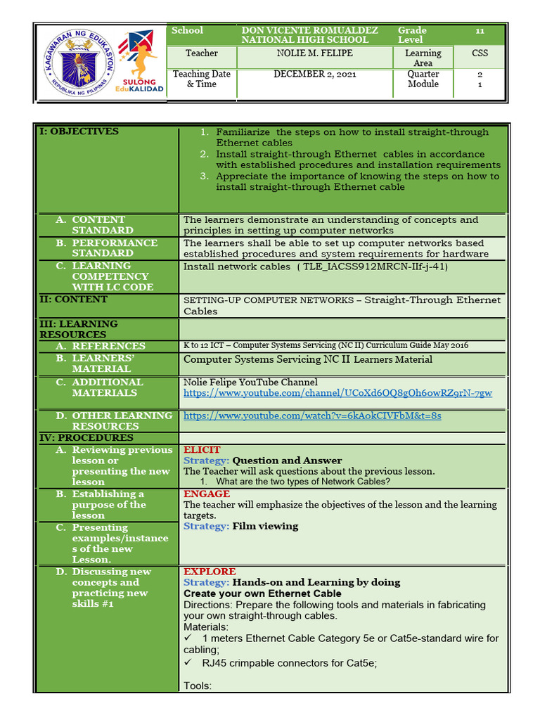 CSS12 straight through connection COT LESSON PLAN PDF Learning