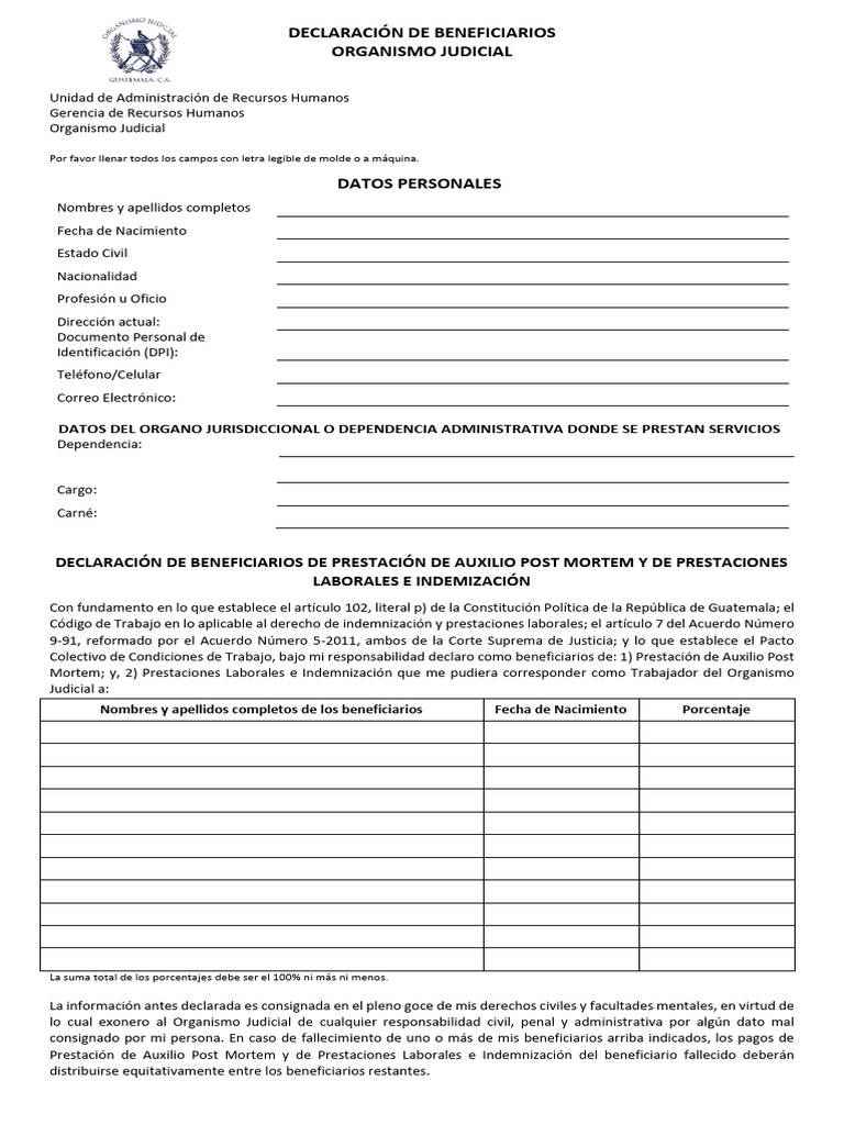Formulario declaracion de beneficiarios pdf