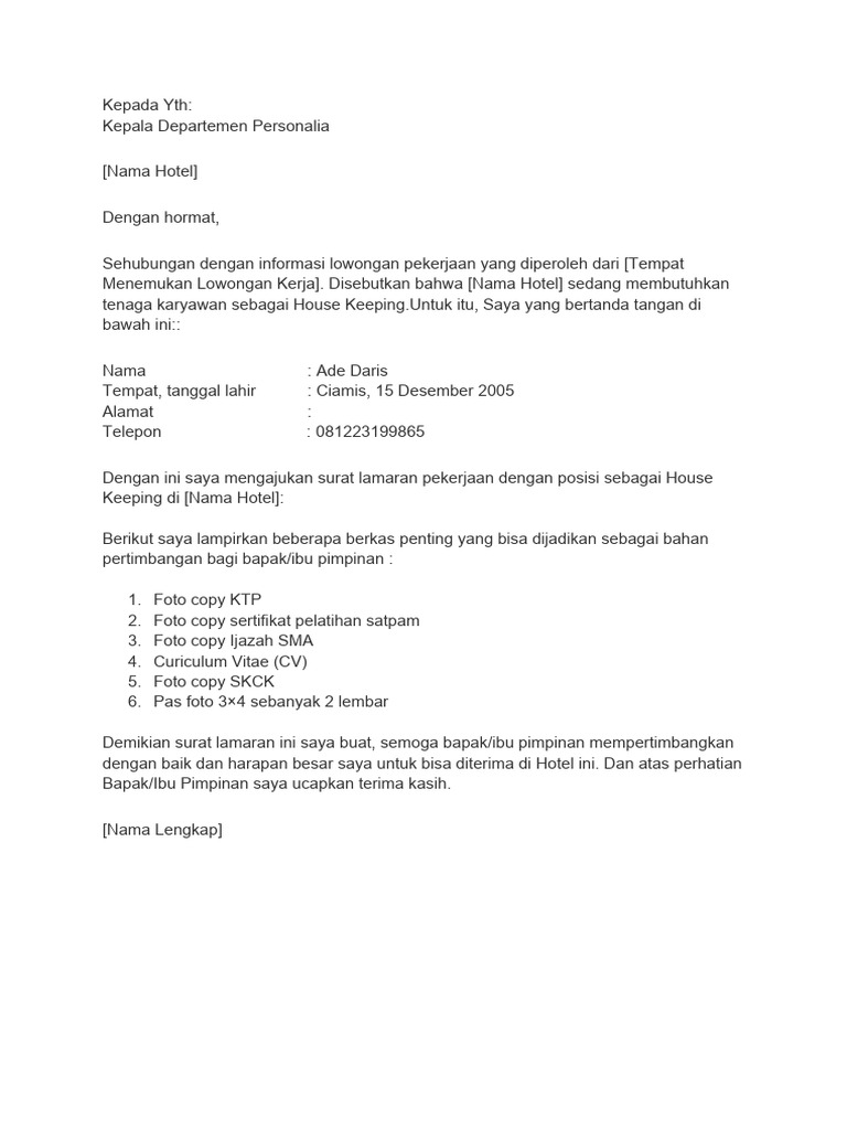 Surat Lamaran Kerja Hotel Sebagai HouseKeeping | PDF