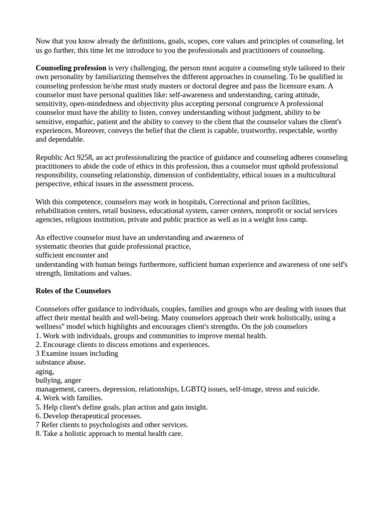 Overview of Counseling Professionals | PDF | Counseling Psychology ...