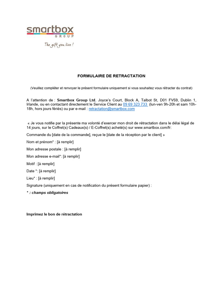Formulaire de Rétractation Smartbox | PDF