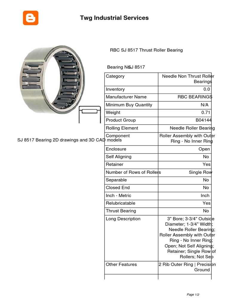 RBC SJ 8517 Thrust Roller Bearing PDF Mechanical Engineering