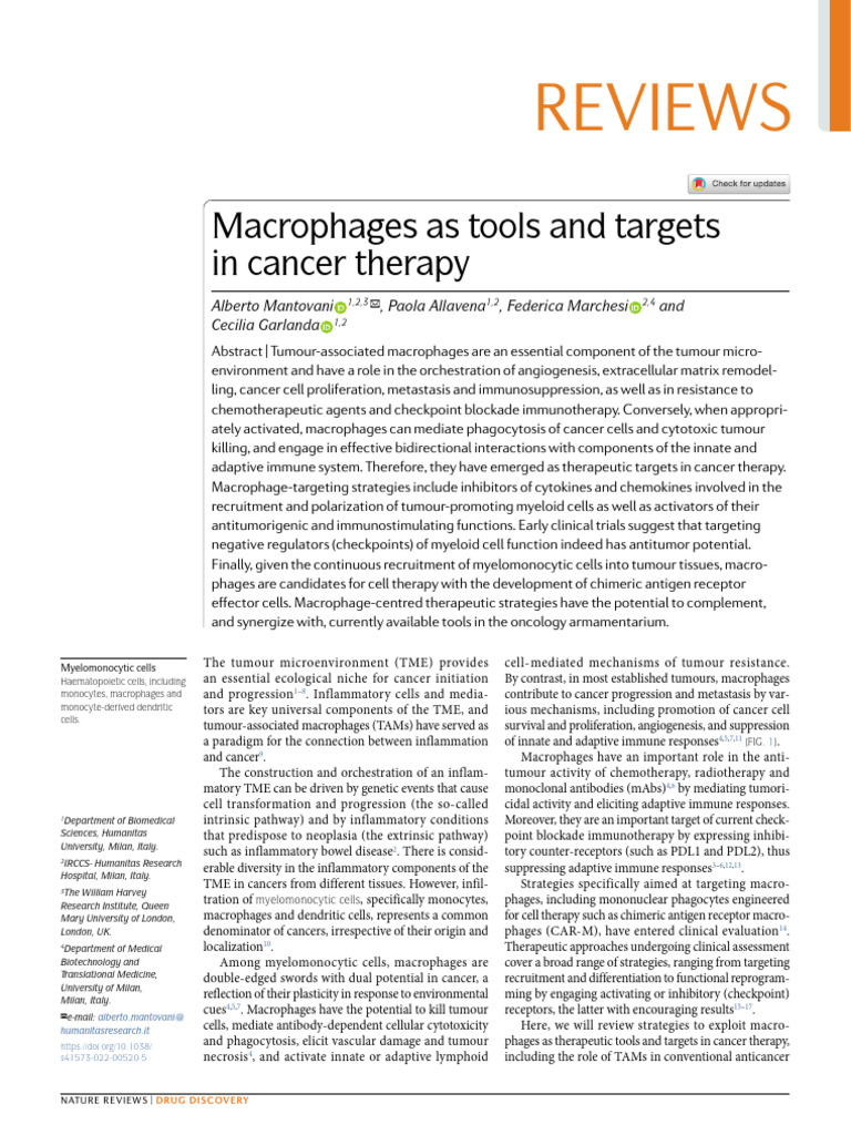 Macrophages as Tools & Targets in Cancer Therapy PDF Macrophage