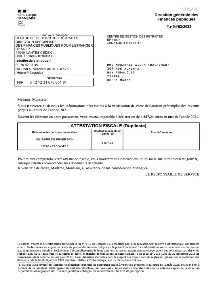Attestation fiscale de retraite 2021 | PDF | Retraite | Impôt sur le revenu