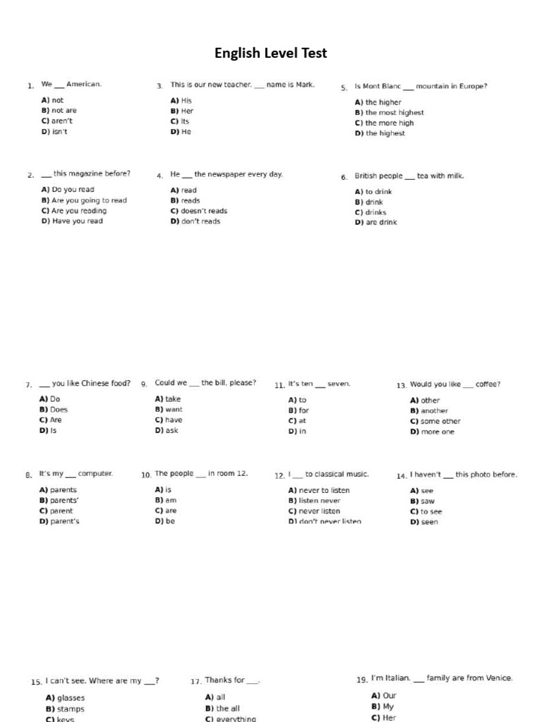 English Level Test PDF