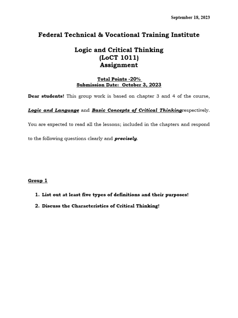 Logic and Critical Thinking Assignment | PDF | Definition | Critical ...