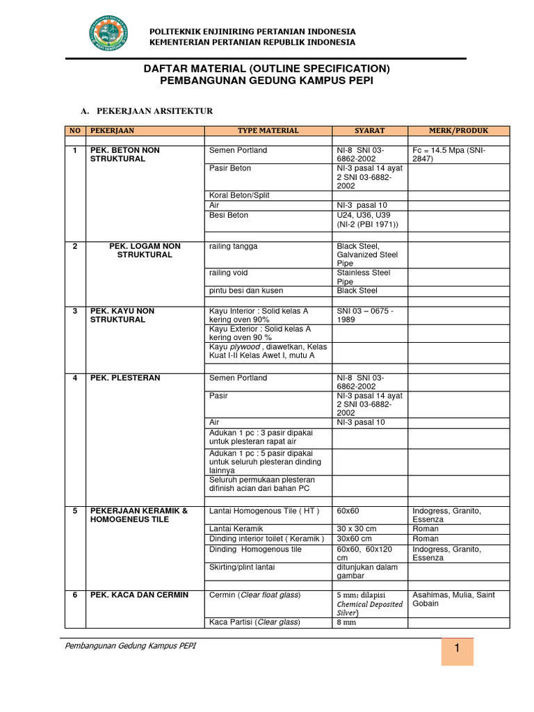 Spesifikasi Pembangunan Kampus PEPI | PDF