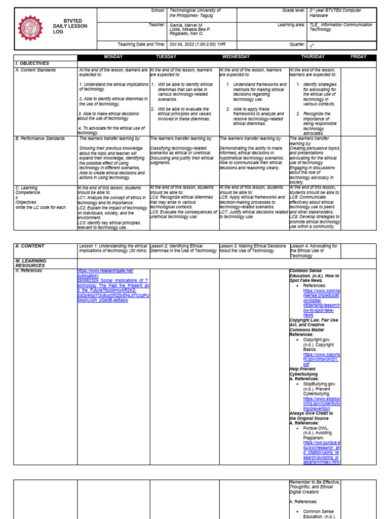 Btvted Ethical Use Of Technology Lesson Plan Pdf Learning Privacy