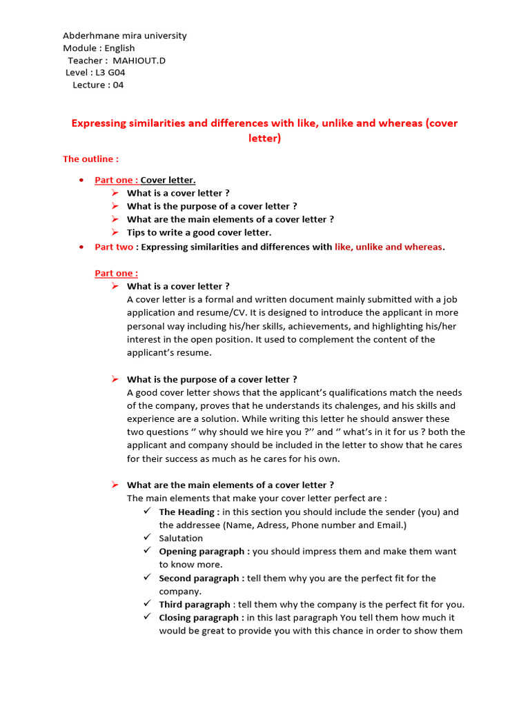 Cover Letter and Comparison Techniques | PDF | Human Communication ...