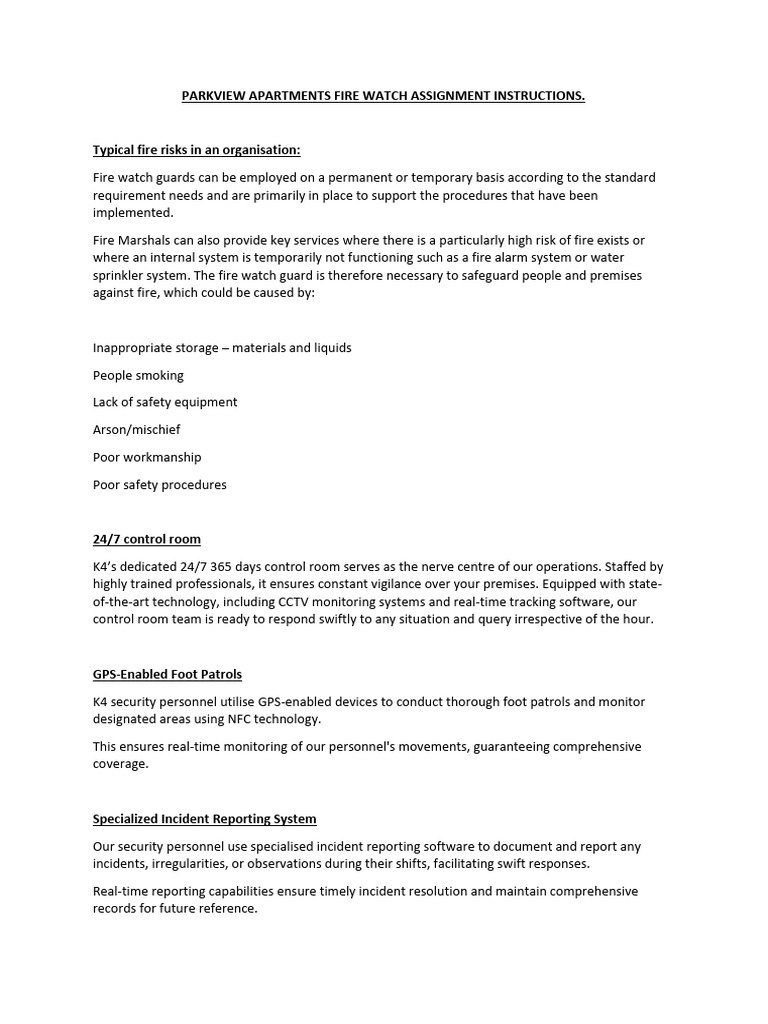 Parkview Apartments Fire Watch Assignment Instructions PDF