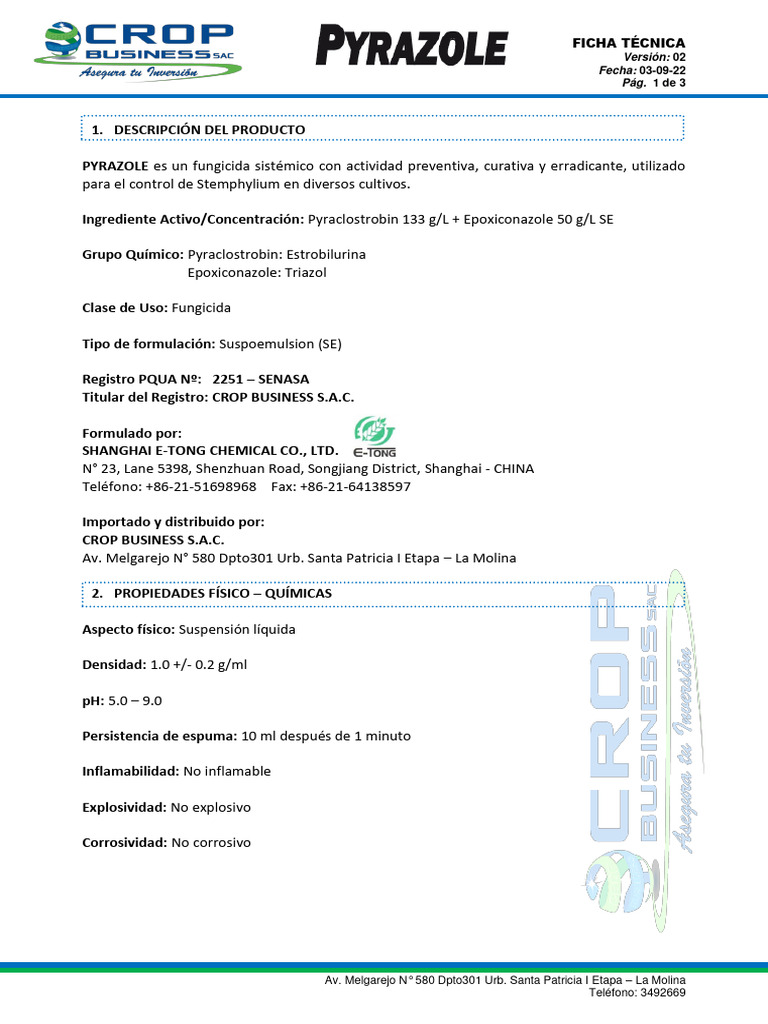 Fungicida PYRAZOLE: Uso y Propiedades | PDF | Especialidades Medicas ...