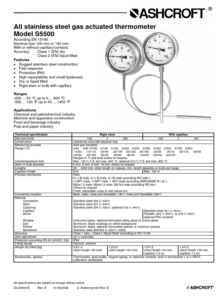 All Stainless Steel Gas Actuated Thermometer Model S5500 Features
