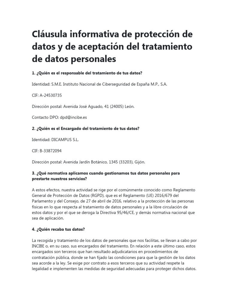 Cl usula Informativa De Protecci n De Datos Y De Aceptaci n Del 