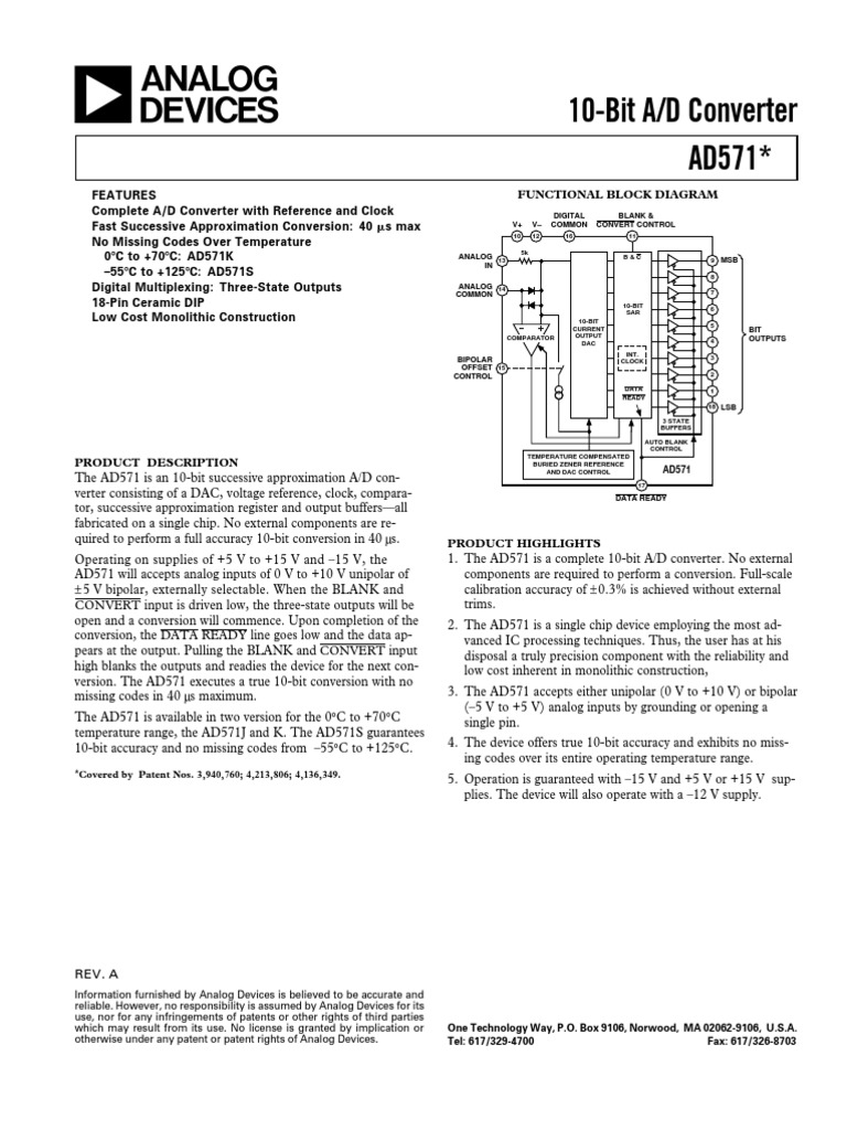 AD571 10-Bit A/D Converter Overview | PDF | Analog To Digital Converter ...