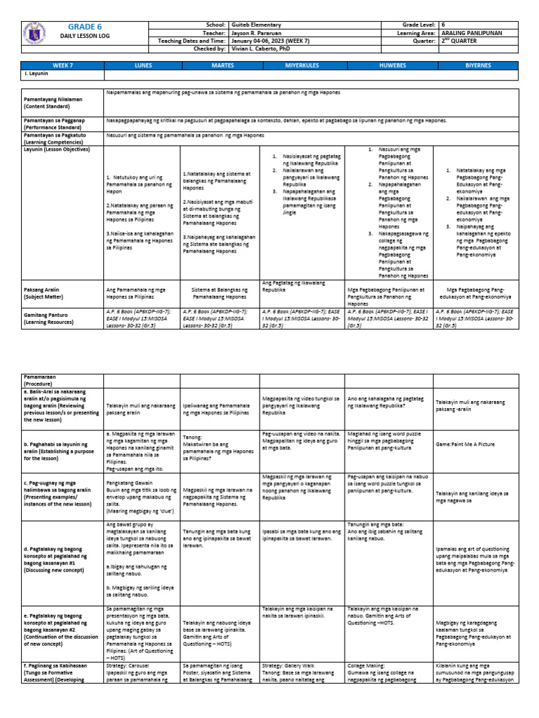 DLL G6 Q2 WEEK 7 ALL SUBJECTS (Mam Inkay Peralta) | PDF