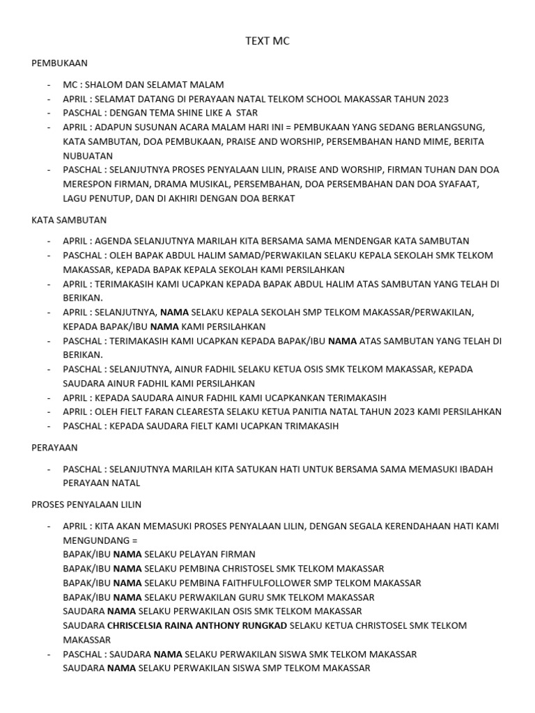 Teks MC Perayaan Natal 2023 | PDF