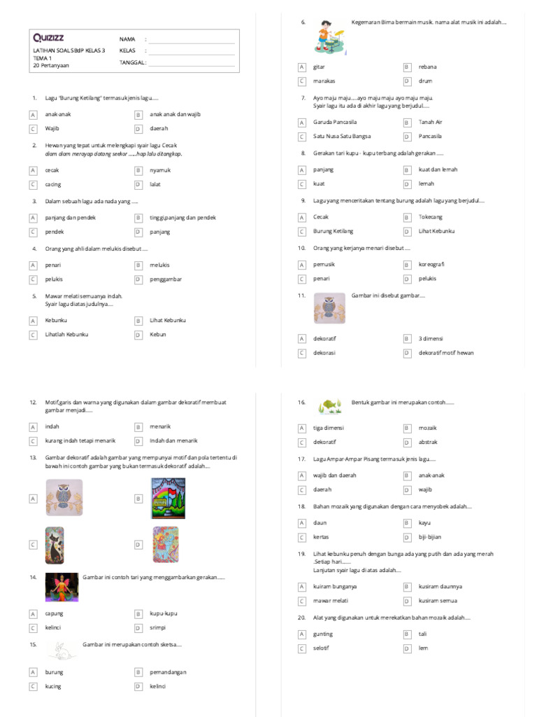 Asah Kreativitas dan Keterampilan: Kumpulan Soal SBdP Tematik Kelas 3 SD (Tema 1-4)