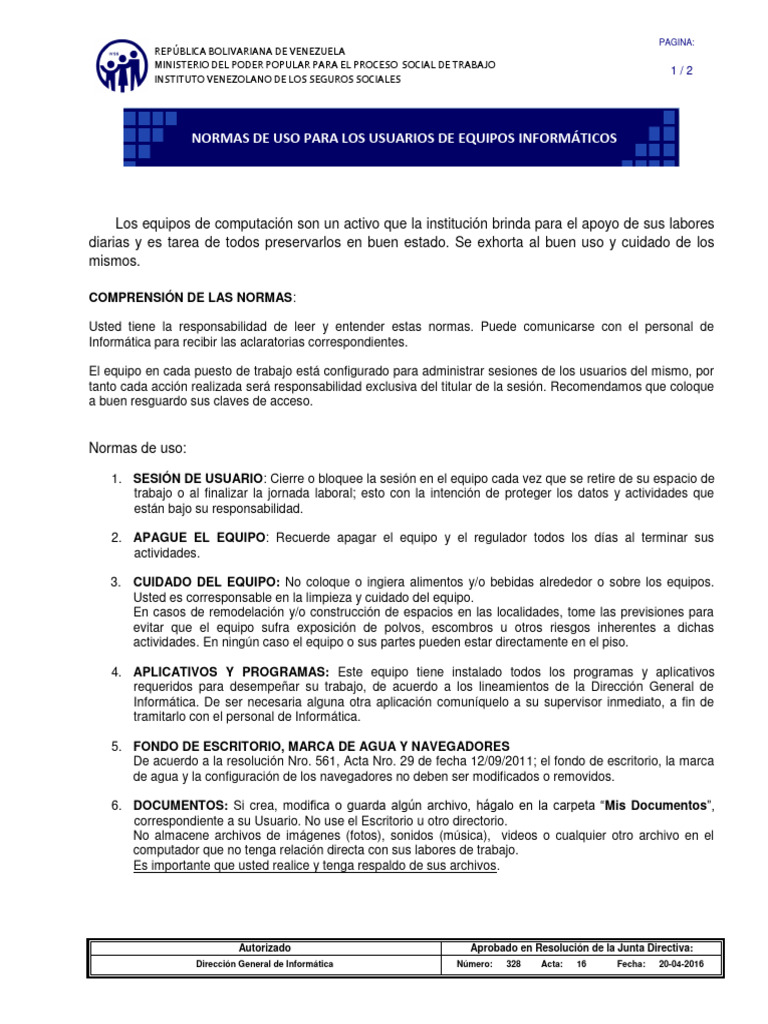 12 Normas de Uso para Usuario Equipos de Computacion | PDF | Archivo de ...