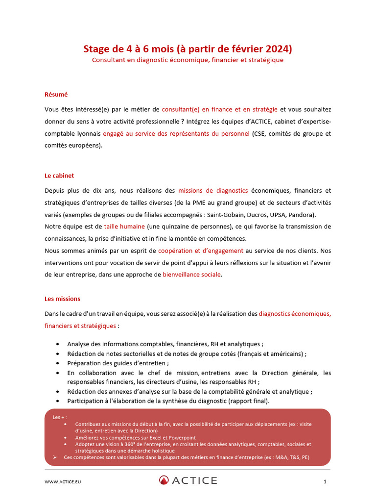 Actice Offre de stage 20241 PDF Consultant Économie d'entreprise