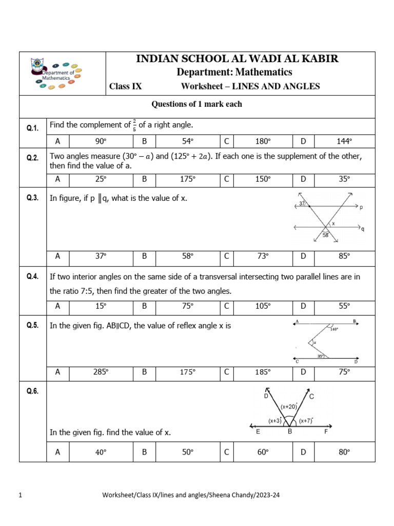 Class 9 Lines and Angles Worksheet | PDF | Angle | Mathematics