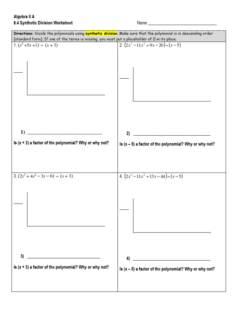Synthetic Division Worksheet PDF