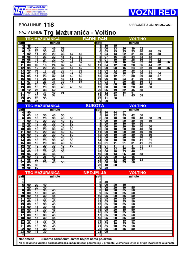 Bus 118 Timetable: Trg Mažuranića - Voltino | PDF