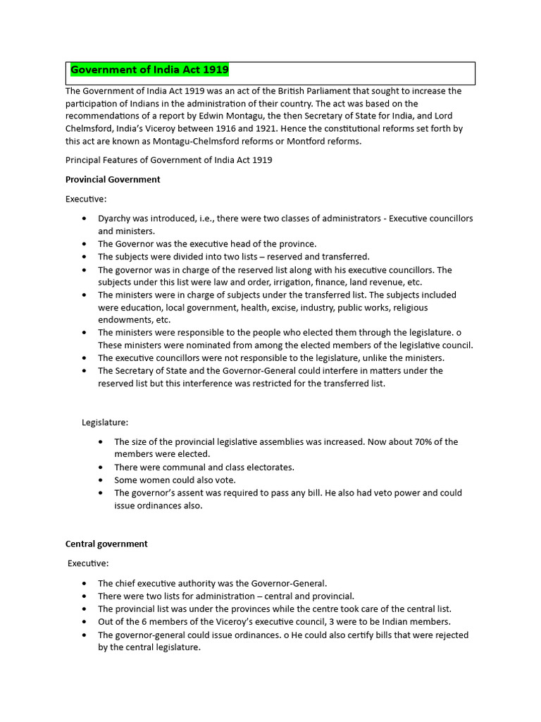 Government of India Act 1919 | PDF | Political Law | Government ...